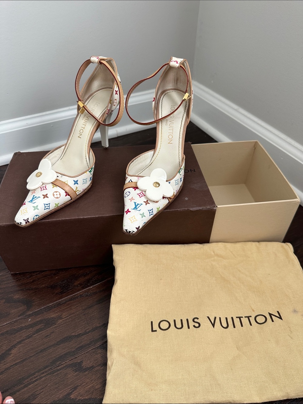 Louis Vuitton White Multicolor Monogram Floral Ankle-Strap Pumps